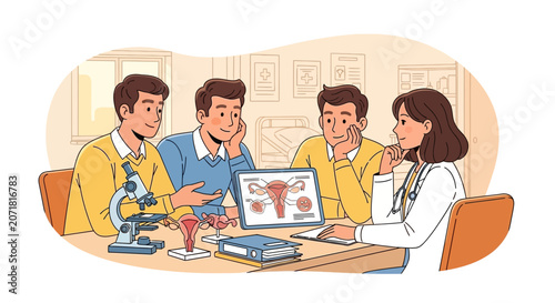 Doctor Discusses Reproductive Health with Men and Woman, Medical Illustration