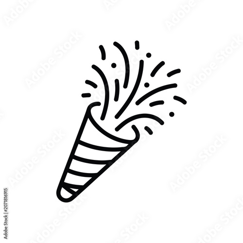 Black and white of a party horn with confetti line celebration festive