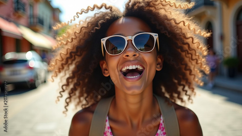 Creative design Closeup portrait iteration of excited curly tanned girl in trendy sunglasses walking ar