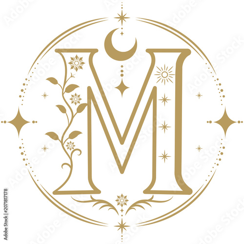 Gold Celestial Letter M Monogram With Moon and Stars