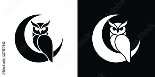 Black and white owl silhouettes on crescent moon, dual-color background, symbol