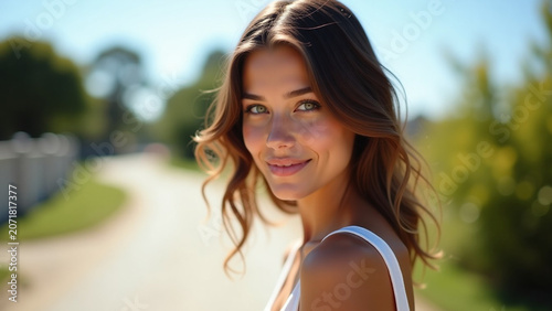 Wears casual summer clothes iteration Lifestyle concept ar Pretty young caucasian girl posing looking at