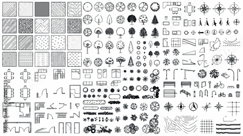 Architectural floor plan symbols and landscape design elements, black and white CAD vector set for site planning, furniture and tree top view icons isolated PNG with Transparent Background