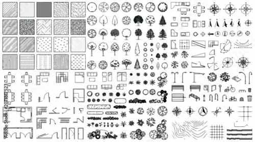 Fototapeta na wymiar Architectural floor plan symbols and landscape design elements, black and white CAD vector set for site planning, furniture and tree top view icons isolated PNG with Transparent Background