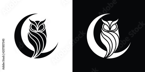 Black and white owl silhouettes with crescent moon nocturnal bird