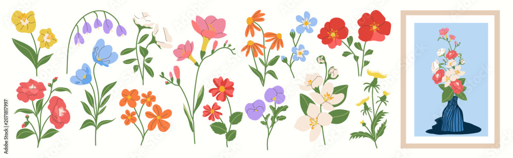Fototapeta premium Spring flower vector elements set. Colorful flat floral clipart with wildflowers, leaves, blossoms and botanical stems for cards, invitations and nursery decoration.