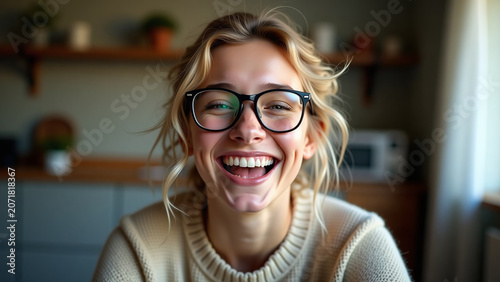 Indoors Girl with tousled iteration blonde hair in sweater and glasses smiles broadly Emotions people