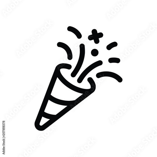 Black line of a party popper with lines and shapes indicating explosion, on white background