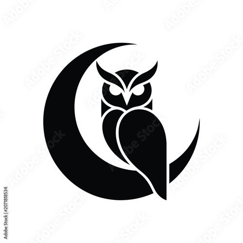 Black owl silhouette on a crescent moon, white background, black silhouette night