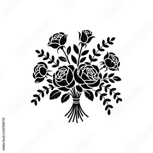 Black silhouette of a bouquet of roses with leaves on a white background, flowers