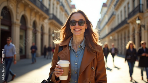 City on sunny day iteration Brunette wears stylish jacket sunglasses and bag Sincere emotions lifestyle