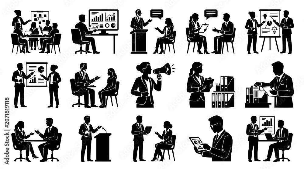 Obraz premium Business Professionals Corporate Meetings and Office Work Silhouette Glyph Vector Icons Set