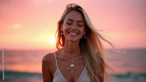 And posing against background iteration of pink sunset sky ar Cheerful pretty girl with closed