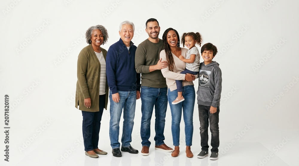 Obraz premium A happy multi-generational, multi-ethnic family of six, including grandparents, parents, and children, standing together and smiling on a white background.