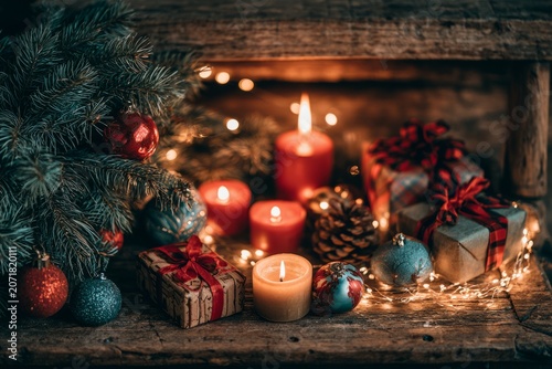 Christmas gifts and lit candles on wooden background