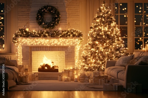 Cozy christmas tree and fireplace decorating festive living room
