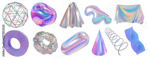 Set of 3d holographic liquid shapes, iridescent chrome fluid abstract forms isolated on transparent background. Render of geometric metal illustrations