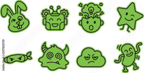 Photos Collection of quirky green doodle icons featuring cartoon characters and abstrac