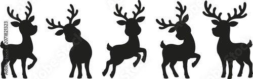 Five black reindeer silhouettes in different poses