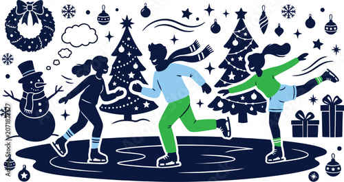 People ice skating with christmas decorations