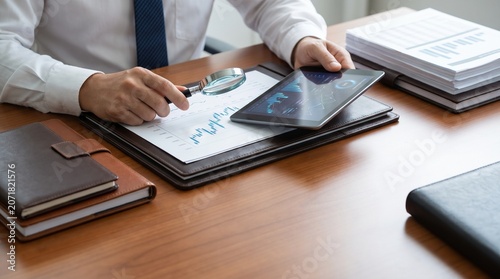 Tableau sur toile Professional businessman analyzing financial data and reports using a magnifying