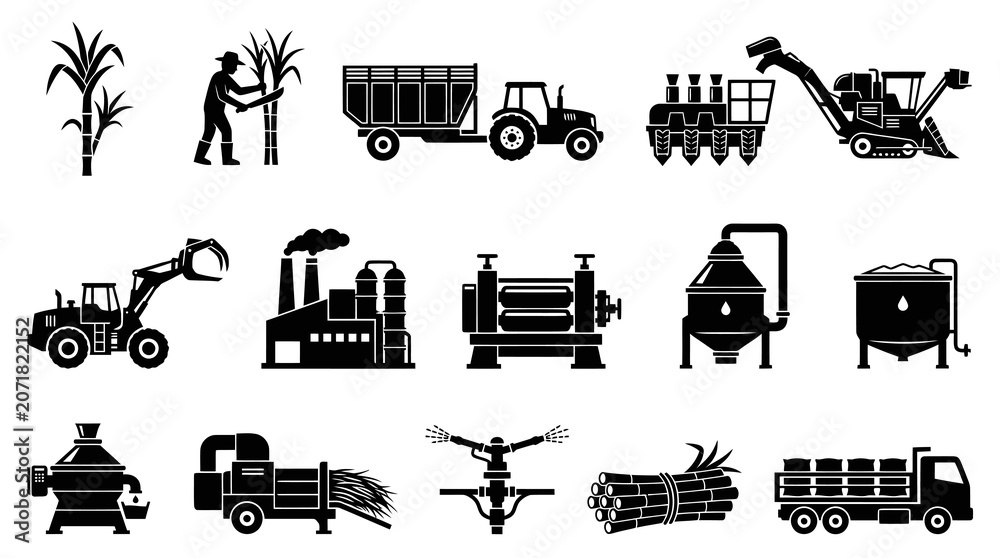 Obraz premium Sugarcane Production Process Glyph Icons Set. Agriculture, Harvesting, Factory Sugar Industry Symbols