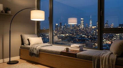 Cozy window seat with city skyline view at night, reading lamp and books