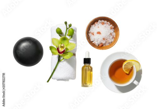 Spa wellness arrangement with orchid and herbal tea during a serene relaxation moment isolated on transparent background
