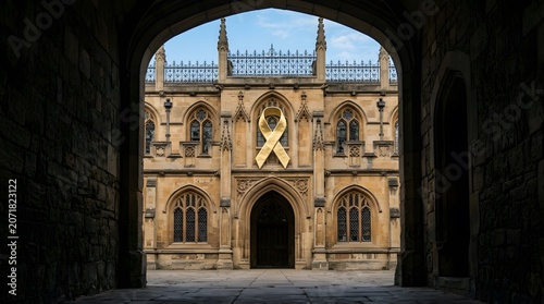 Breast cancer awareness month golden ribbon on historic building