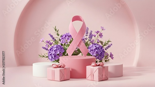 Breast cancer awareness month pink ribbon and flowers symbolizing hope and support