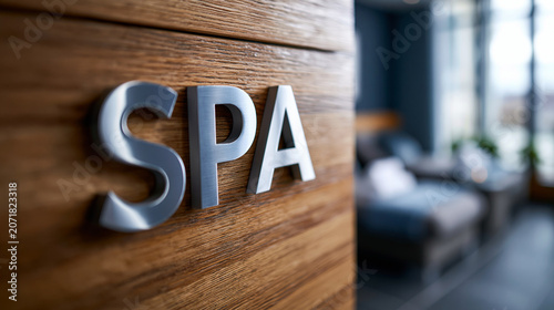 dynamic angle of a placard for a high end spa inside a hotel. Mid century modern cut metal font of the word 