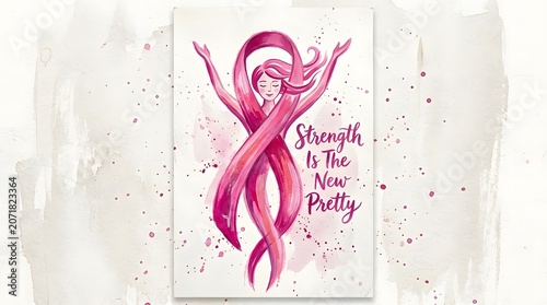 Breast cancer awareness month watercolor pink ribbon with female figure 'strength is the new pretty'