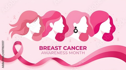 Breast cancer awareness month diverse women silhouettes with pink ribbon symbolizing hope and support