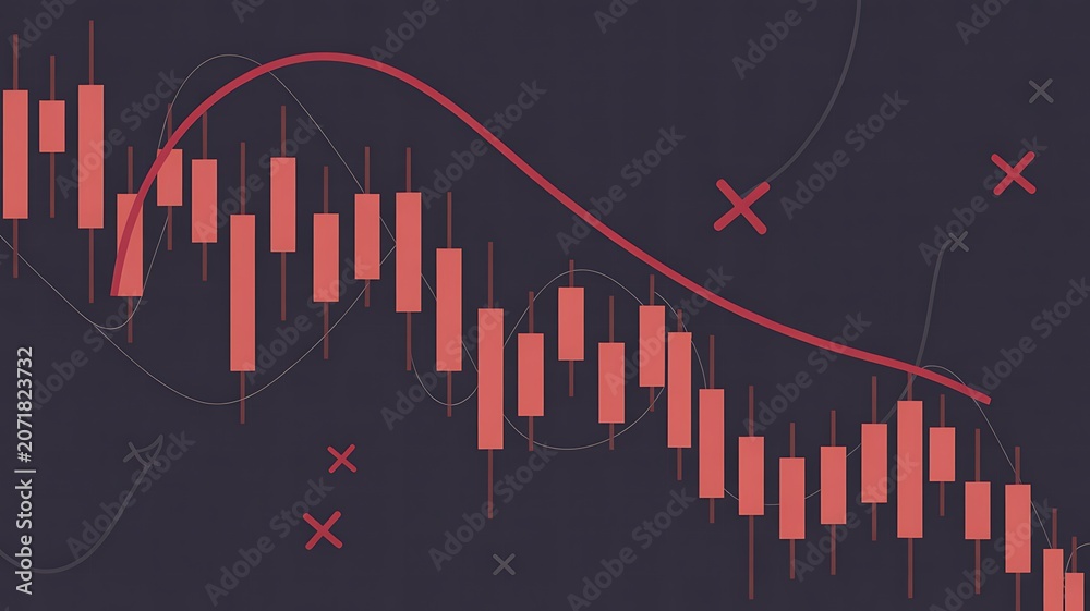 Fototapeta premium Red stock market graph, declining financial chart, candlestick pattern, trading analysis
