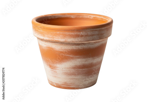 Terracotta planter pot with weathered patina during studio lighting isolated on transparent background