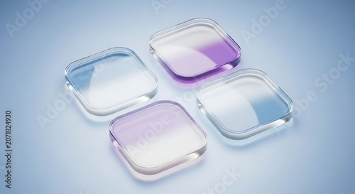 Four glass square plates with soft purple and blue reflections