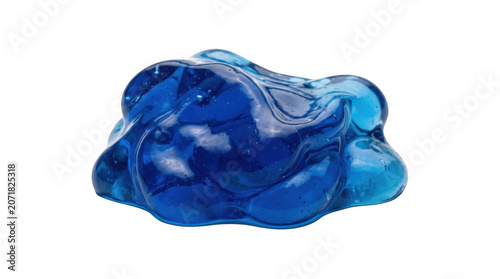 Translucent blue slime blob with internal bubbles during studio lighting against a clear background