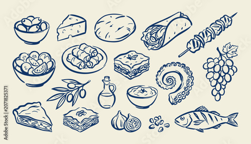 Mediterranean food doodle set hand drawn cheese bread fish grapes and olive oil blue line art illustration