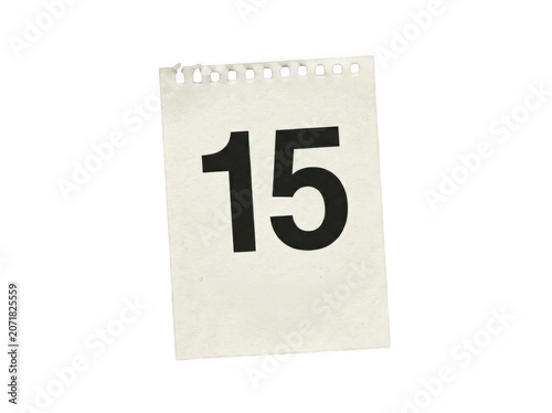 Torn paper with number 15 printed boldly during studio lighting isolated on transparent background