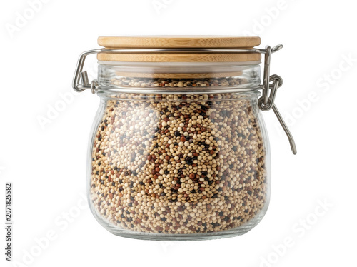 Tri-color quinoa seeds in a clear glass jar with bamboo lid during studio lighting for healthy eating concept Isolated on transparent background