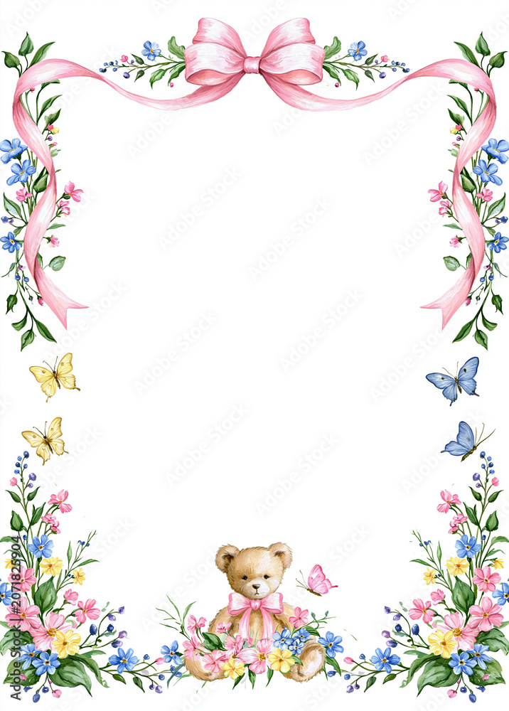 Fototapeta premium A charming floral border with a teddy bear and butterflies, perfect for invitations or stationery.