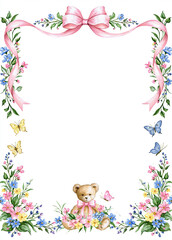 A charming floral border with a teddy bear and butterflies, perfect for invitations or stationery.