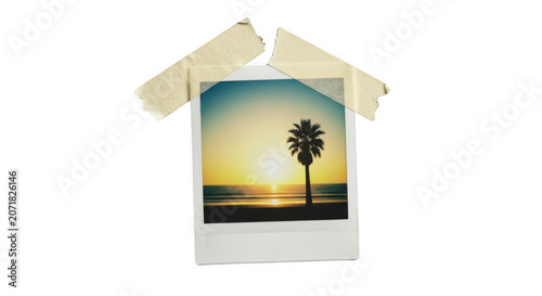 Tropical sunset over ocean with palm tree in instant photo adhered with torn tape Isolated on transparent background