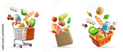 Realistic shopping basket, cart and bag with food 3D plastic style vector set, cartoon grocery market purchase container