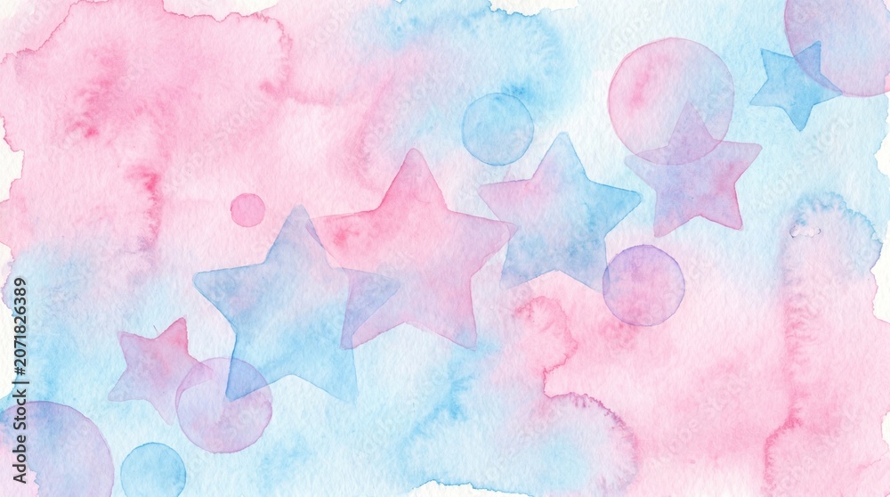 Fototapeta premium Watercolor background with pink and blue paint wash and stars