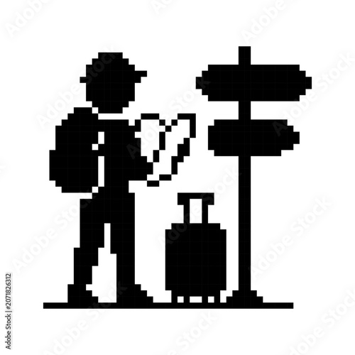 Pixel art traveler lost signpost