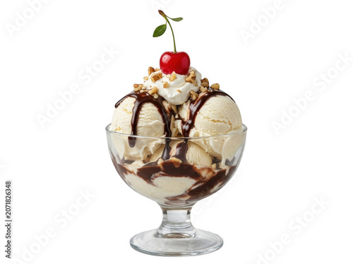 Vanilla ice cream sundae with chocolate syrup whipped cream and cherry on top isolated on transparent background