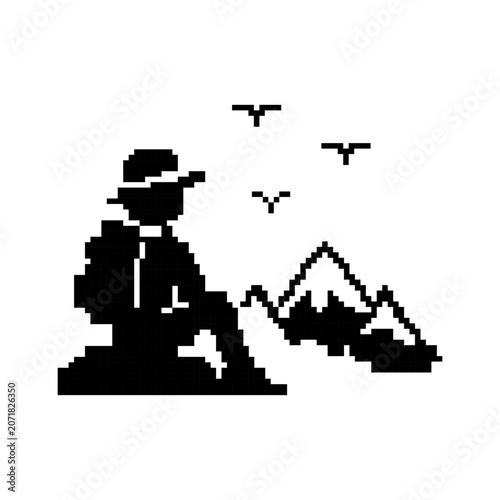 Pixel art traveler mountain landscape
