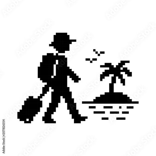 Pixel art traveler beach island
