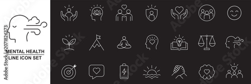 Schilderij op canvas Psychology icons set representing mental health, human behavior, emotions, therapy, brain function, counseling, stress management and psychological studies